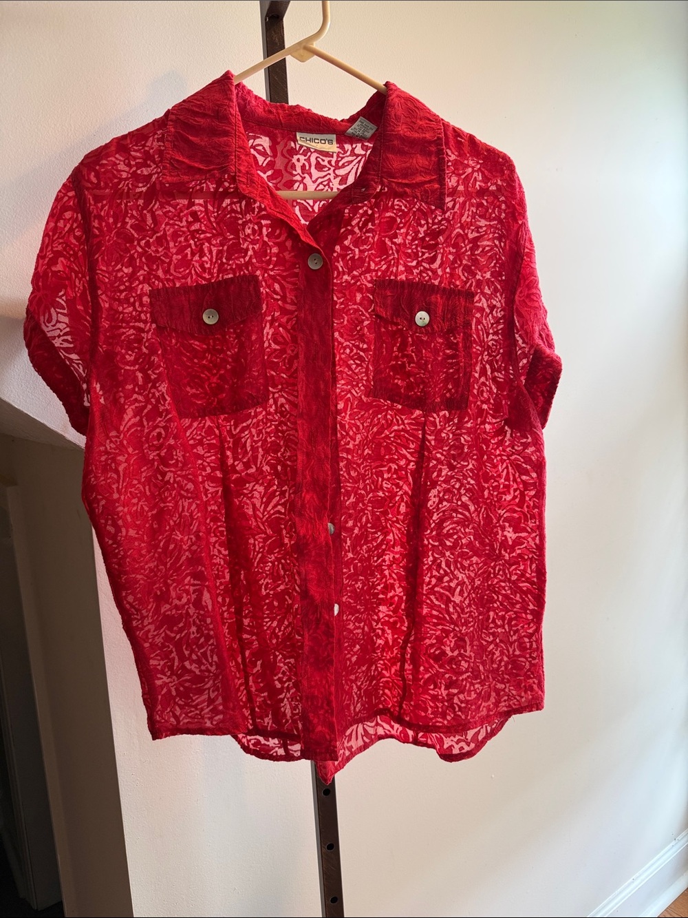 Chico’s Sheer Red Short-Sleeve Button-Up Shirt